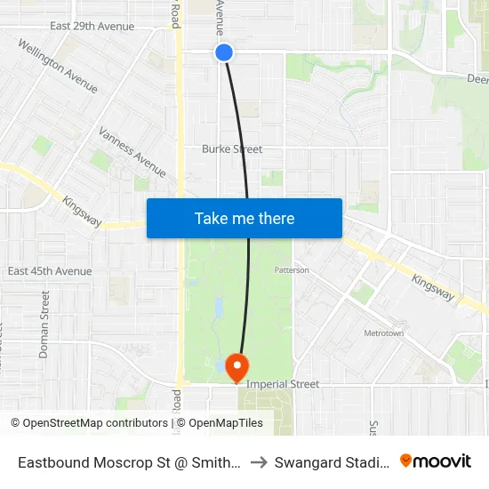 Eastbound Moscrop St @ Smith Ave to Swangard Stadium map