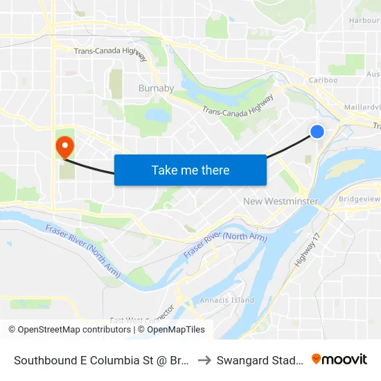 Southbound E Columbia St @ Braid St to Swangard Stadium map