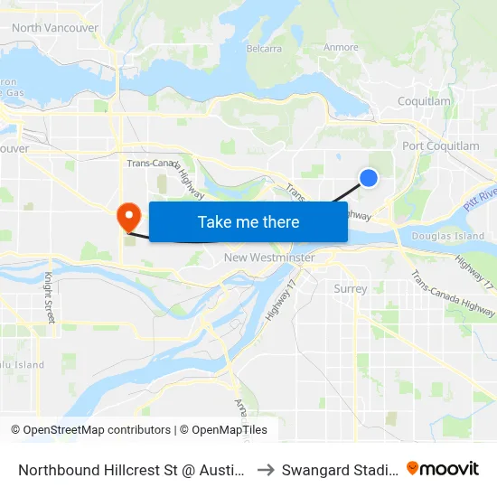 Northbound Hillcrest St @ Austin Ave to Swangard Stadium map
