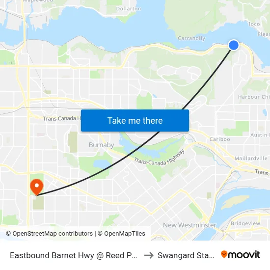 Eastbound Barnet Hwy @ Reed Point Way to Swangard Stadium map