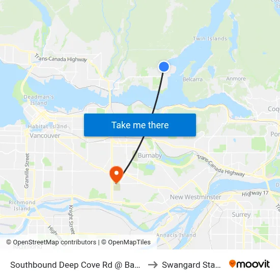 Southbound Deep Cove Rd @ Badger Rd to Swangard Stadium map