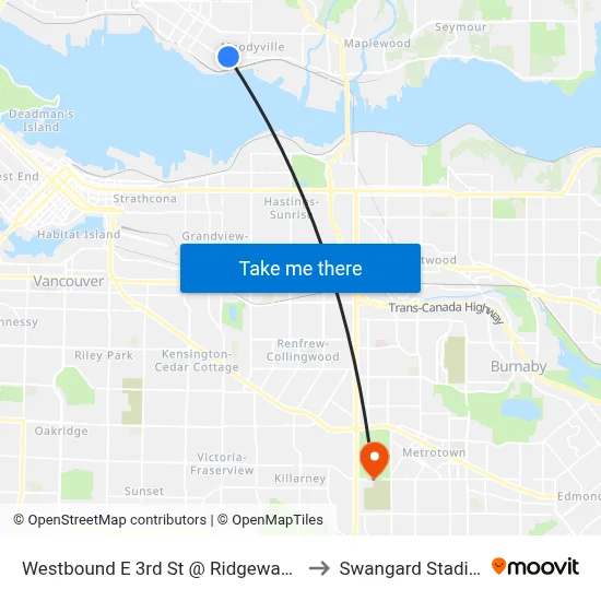 Westbound E 3rd St @ Ridgeway Ave to Swangard Stadium map