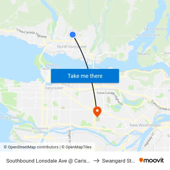 Southbound Lonsdale Ave @ Carisbrooke Cres to Swangard Stadium map