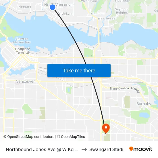 Northbound Jones Ave @ W Keith Rd to Swangard Stadium map