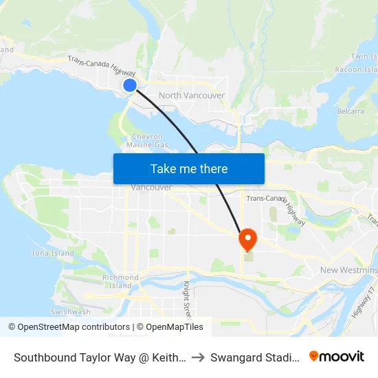 Southbound Taylor Way @ Keith Rd to Swangard Stadium map