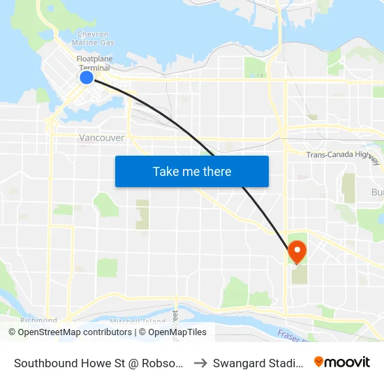 Southbound Howe St @ Robson St to Swangard Stadium map