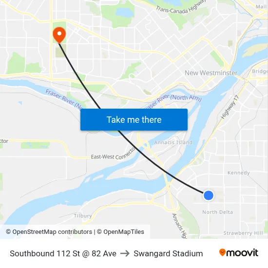 Southbound 112 St @ 82 Ave to Swangard Stadium map