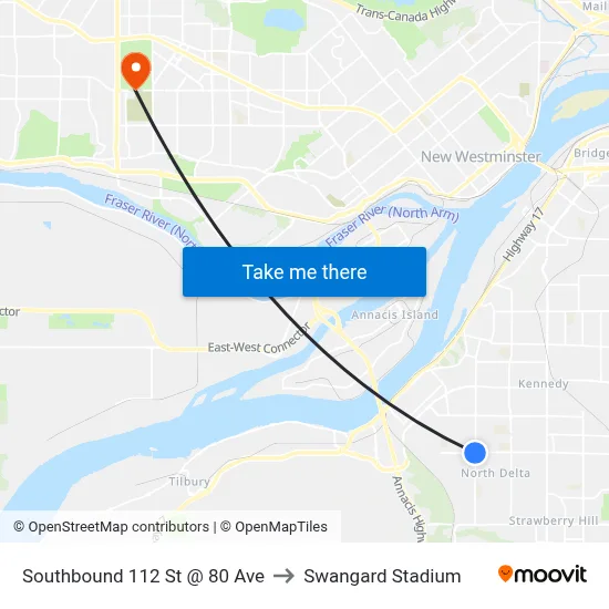 Southbound 112 St @ 80 Ave to Swangard Stadium map