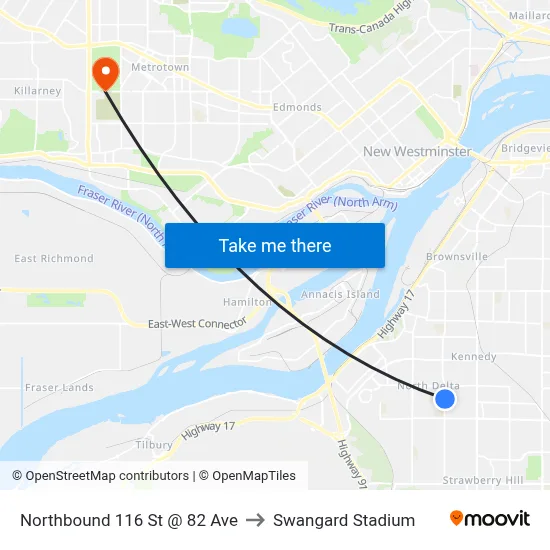 Northbound 116 St @ 82 Ave to Swangard Stadium map