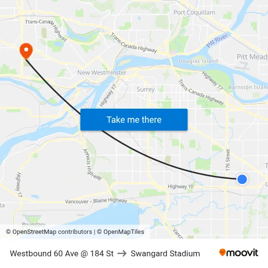 Westbound 60 Ave @ 184 St to Swangard Stadium map