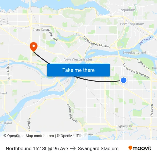 Northbound 152 St @ 96 Ave to Swangard Stadium map