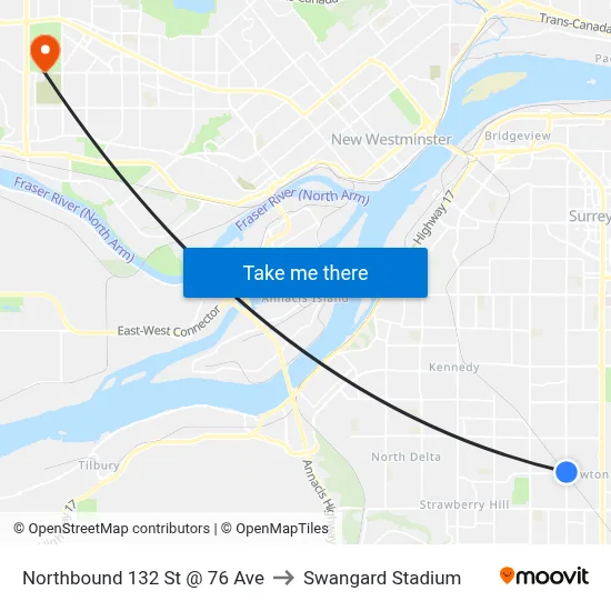 Northbound 132 St @ 76 Ave to Swangard Stadium map