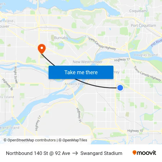 Northbound 140 St @ 92 Ave to Swangard Stadium map