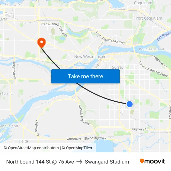 Northbound 144 St @ 76 Ave to Swangard Stadium map