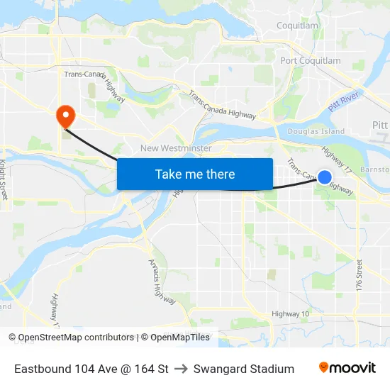 Eastbound 104 Ave @ 164 St to Swangard Stadium map