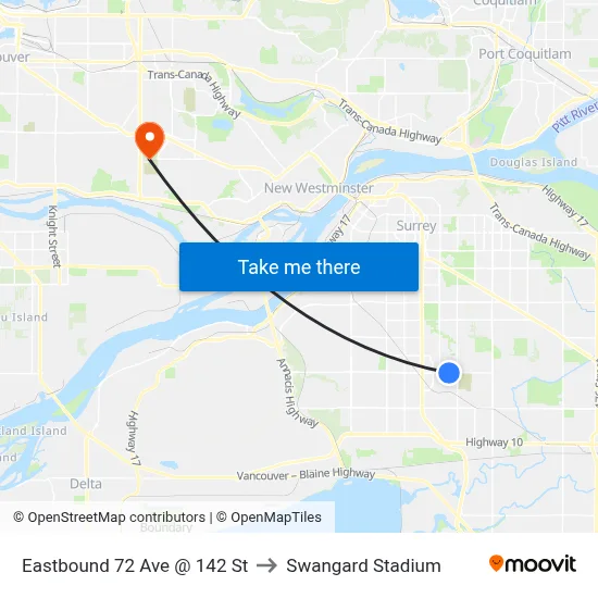 Eastbound 72 Ave @ 142 St to Swangard Stadium map