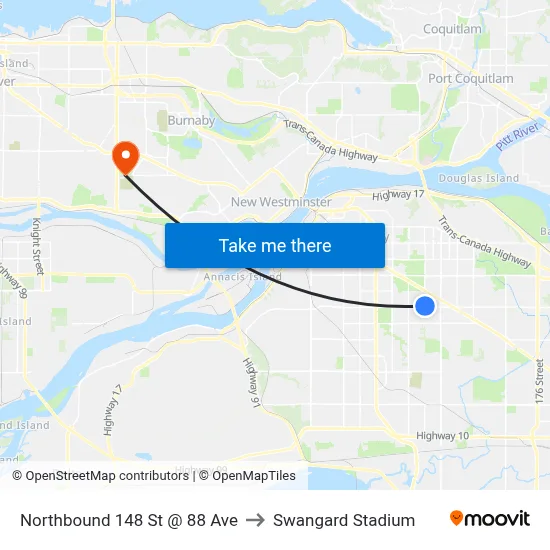 Northbound 148 St @ 88 Ave to Swangard Stadium map