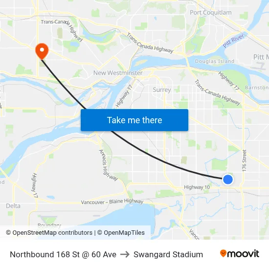 Northbound 168 St @ 60 Ave to Swangard Stadium map