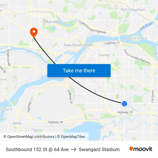 Southbound 152 St @ 64 Ave to Swangard Stadium map
