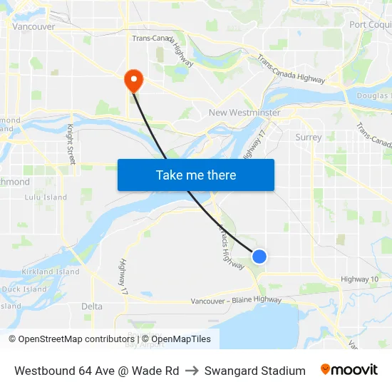 Westbound 64 Ave @ Wade Rd to Swangard Stadium map