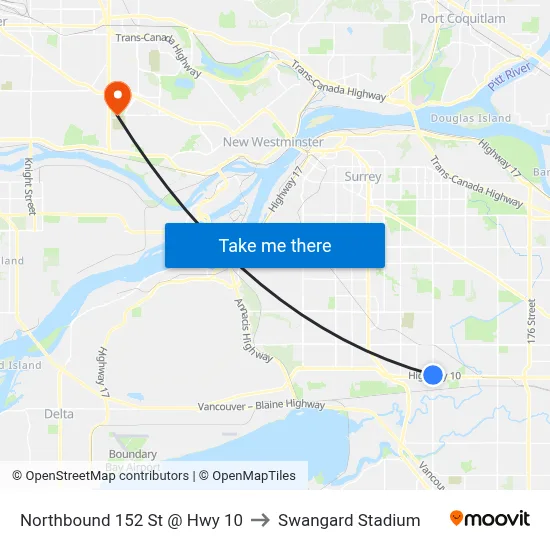 Northbound 152 St @ Hwy 10 to Swangard Stadium map
