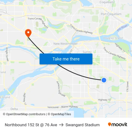 Northbound 152 St @ 76 Ave to Swangard Stadium map