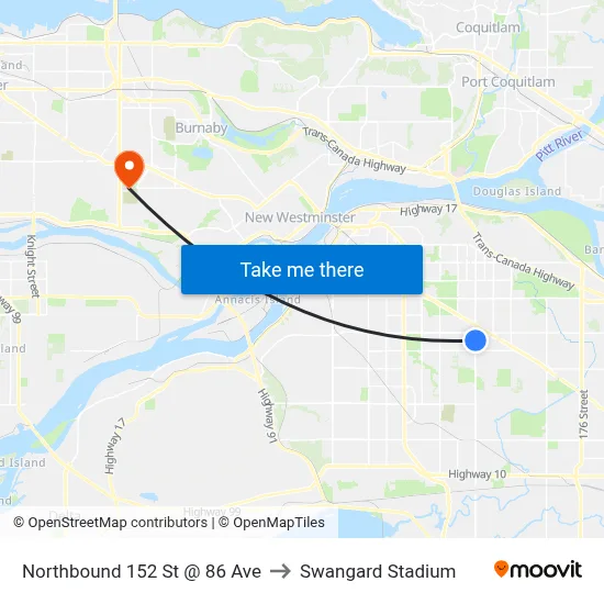 Northbound 152 St @ 86 Ave to Swangard Stadium map
