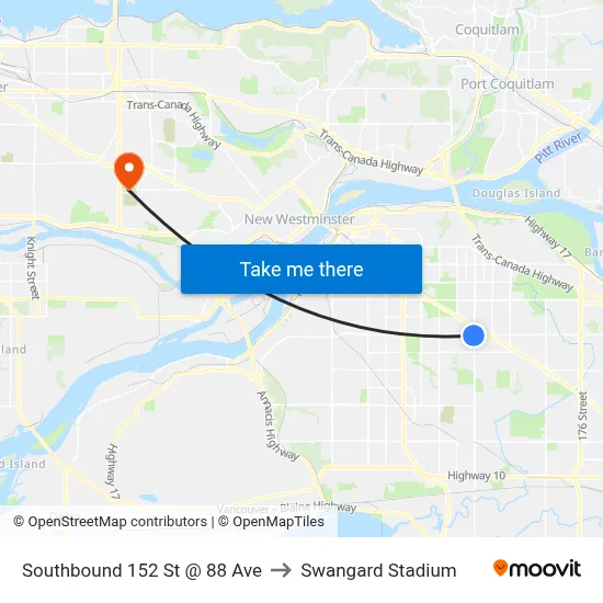 Southbound 152 St @ 88 Ave to Swangard Stadium map