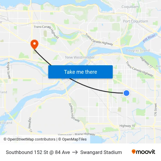 Southbound 152 St @ 84 Ave to Swangard Stadium map