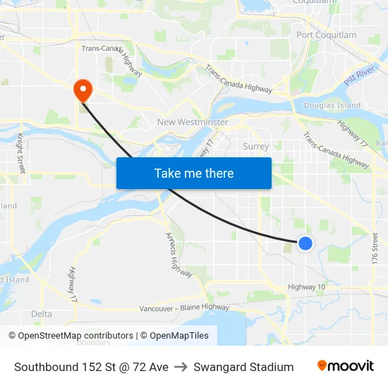 Southbound 152 St @ 72 Ave to Swangard Stadium map