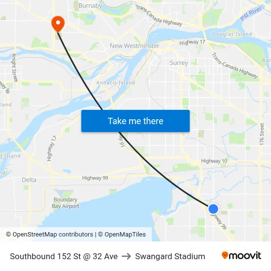 Southbound 152 St @ 32 Ave to Swangard Stadium map