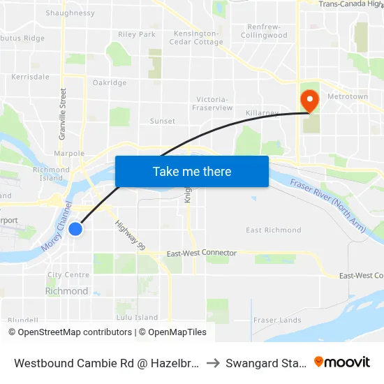 Westbound Cambie Rd @ Hazelbridge Way to Swangard Stadium map