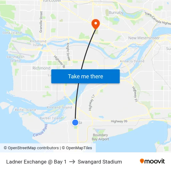 Ladner Exchange @ Bay 1 to Swangard Stadium map