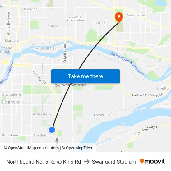 Northbound No. 5 Rd @ King Rd to Swangard Stadium map