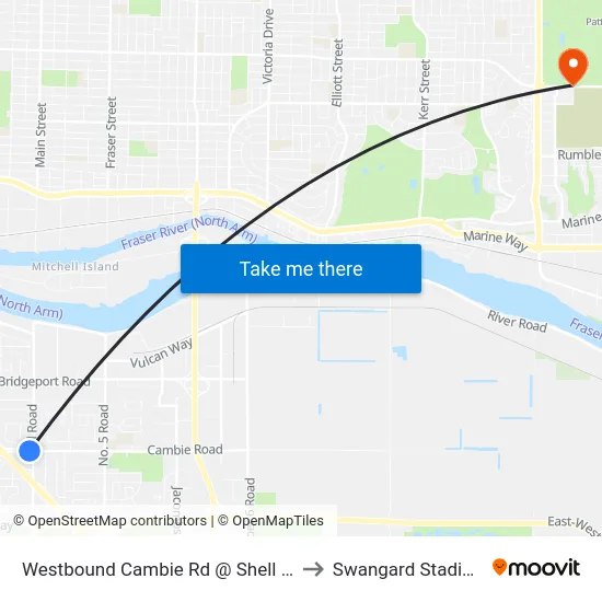 Westbound Cambie Rd @ Shell Rd to Swangard Stadium map
