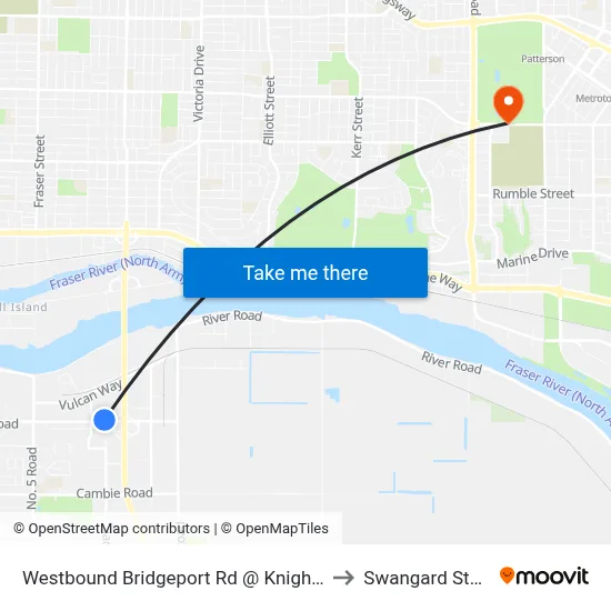 Westbound Bridgeport Rd @ Knight St Bridge to Swangard Stadium map