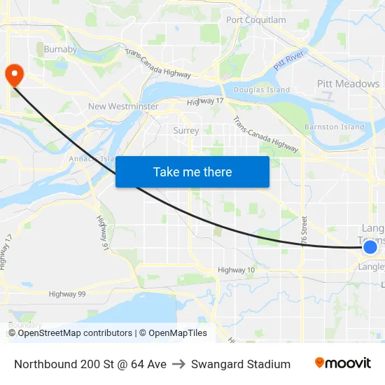 Northbound 200 St @ 64 Ave to Swangard Stadium map
