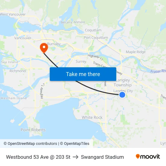 Westbound 53 Ave @ 203 St to Swangard Stadium map