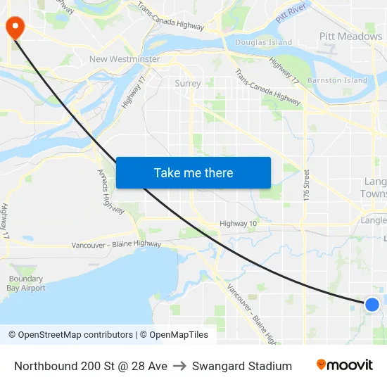 Northbound 200 St @ 28 Ave to Swangard Stadium map