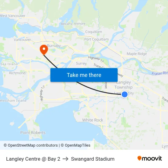 Langley Centre @ Bay 2 to Swangard Stadium map