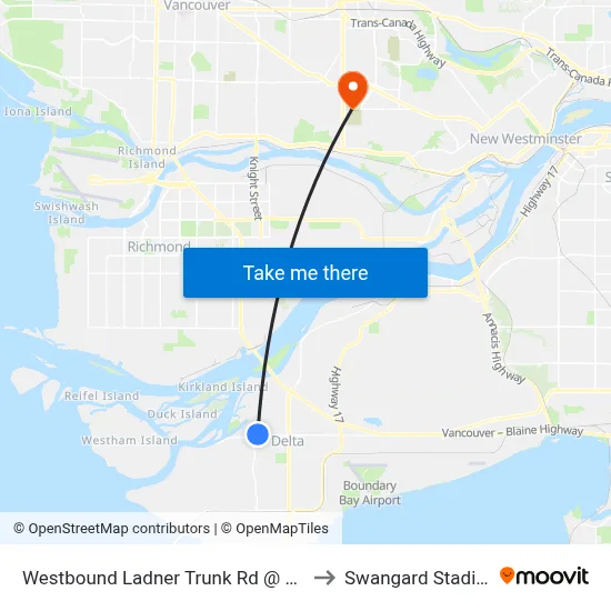 Westbound Ladner Trunk Rd @ 53 St to Swangard Stadium map