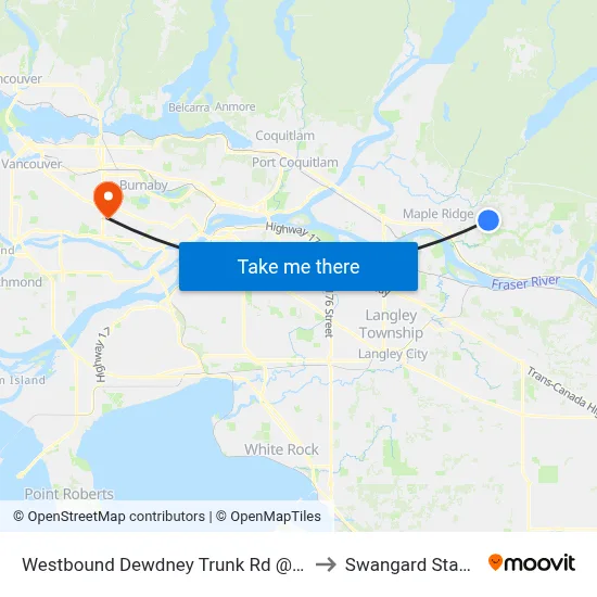 Westbound Dewdney Trunk Rd @ 248 St to Swangard Stadium map