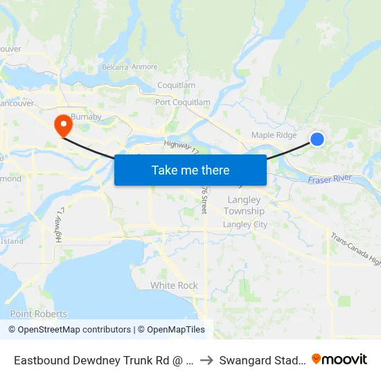 Eastbound Dewdney Trunk Rd @ 256 St to Swangard Stadium map