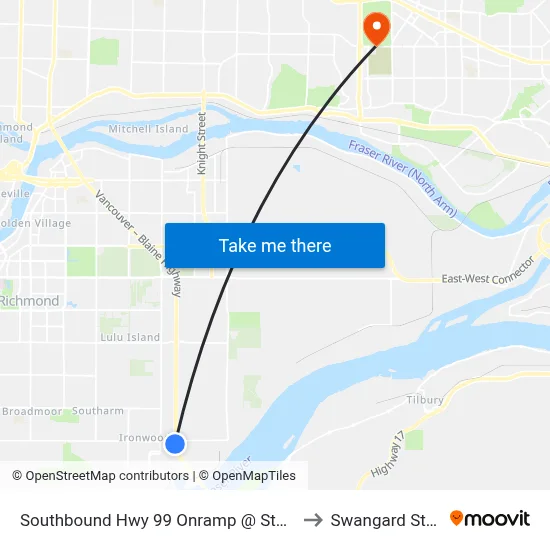 Southbound Hwy 99 Onramp @ Steveston Hwy to Swangard Stadium map