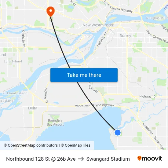 Northbound 128 St @ 26b Ave to Swangard Stadium map