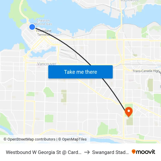 Westbound W Georgia St @ Cardero St to Swangard Stadium map