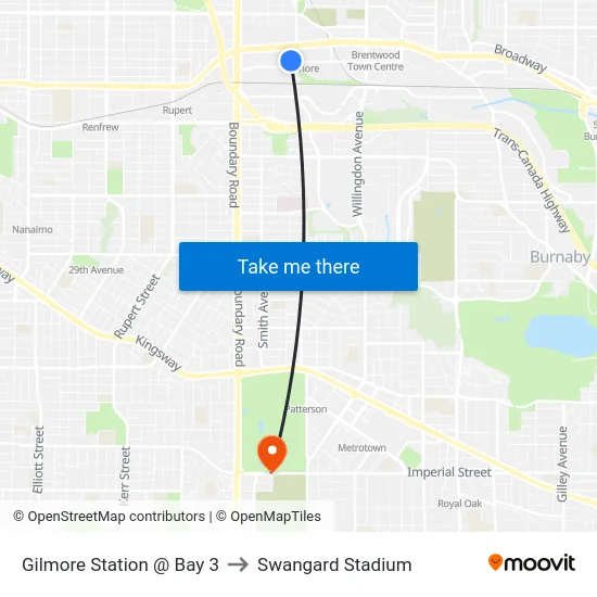 Gilmore Station @ Bay 3 to Swangard Stadium map