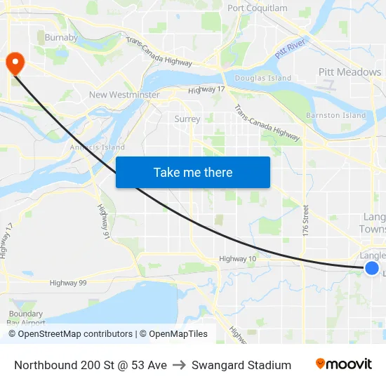 Northbound 200 St @ 53 Ave to Swangard Stadium map