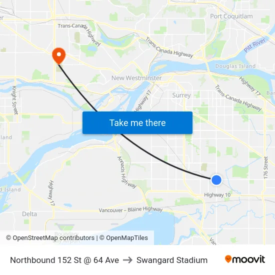 Northbound 152 St @ 64 Ave to Swangard Stadium map