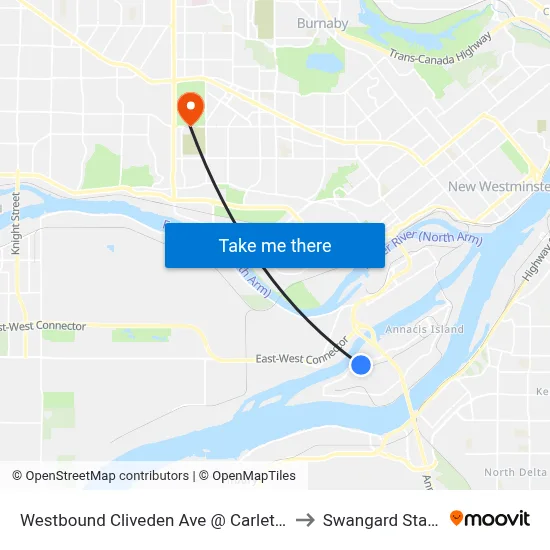 Westbound Cliveden Ave @ Carleton Court to Swangard Stadium map
